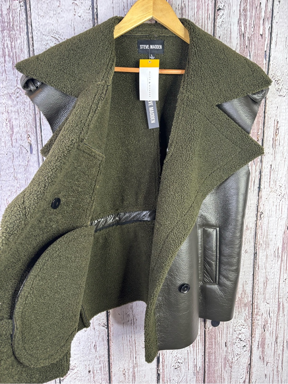🏷️NWT Steve Madden Women’s Large Fawn Sleeveless Mixed Media Vest Dark Green NEW - Picture 9 of 16